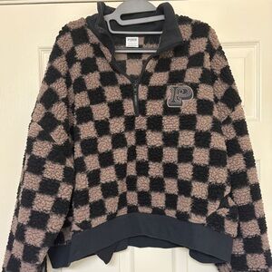 PINK Victoria's Secret Tan and black checkered half zip Sherpa.  Size XL